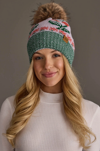 Cherry Patterned Fleece Lined Knit Pom Pom Hat