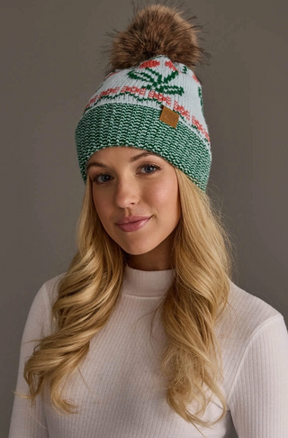 Cherry Patterned Fleece Lined Knit Pom Pom Hat