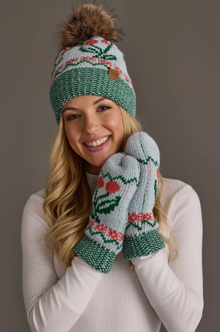 Cherry Patterned Fleece Lined Knit Pom Pom Hat