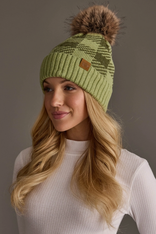 Plaid Patterned Fleece Lined Knit Pom Pom Hat