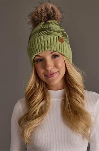 Plaid Patterned Fleece Lined Knit Pom Pom Hat