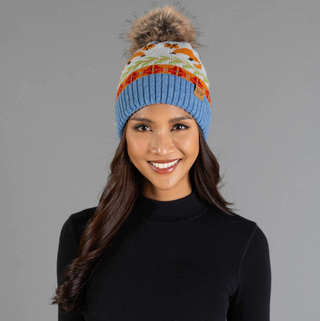 Fox Patterned Fleece Lined Knit Pom Pom Hat
