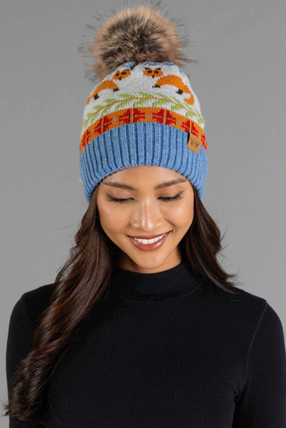 Fox Patterned Fleece Lined Knit Pom Pom Hat