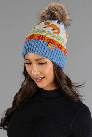 Fox Patterned Fleece Lined Knit Pom Pom Hat