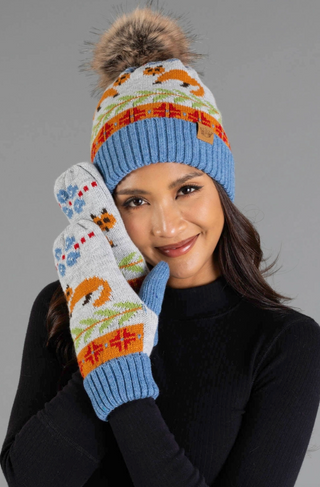 Fox Patterned Fleece Lined Knit Pom Pom Hat