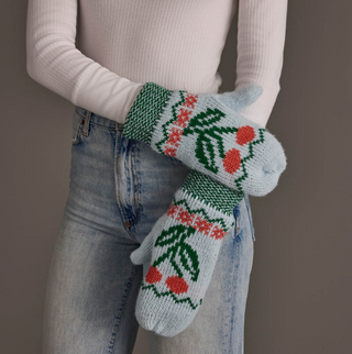 Cherry Patterned Fleece Lined Knit Mittens