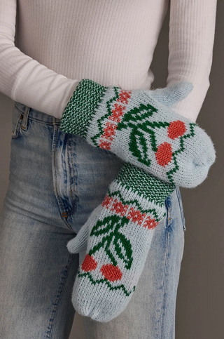 Cherry Patterned Fleece Lined Knit Mittens