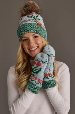 Cherry Patterned Fleece Lined Knit Mittens