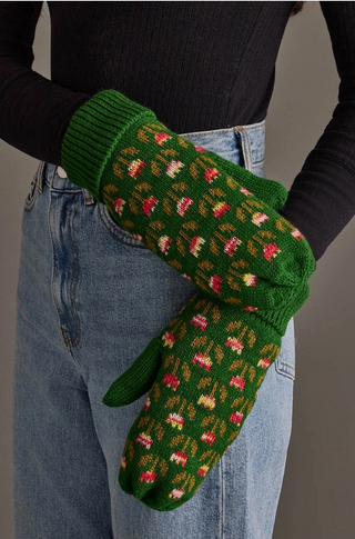 Tulip Patterned Fleece Lined Knit Mittens