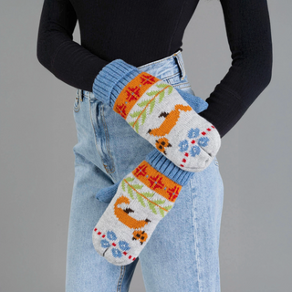 Fox Patterned Fleece Lined Knit Mittens
