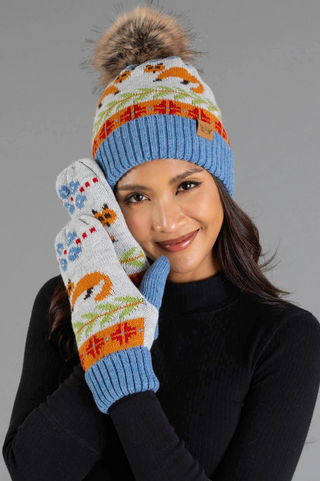Fox Patterned Fleece Lined Knit Mittens