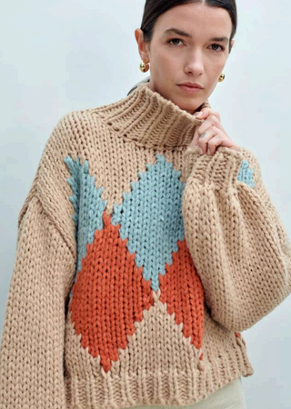 Hand-Knit Argyle Turtleneck Sweater