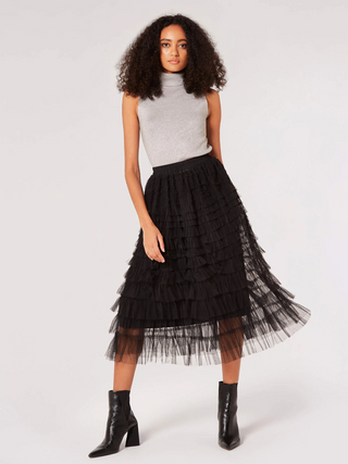 Tulle Ruffle Tiered Midi Skirt