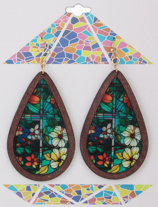 Rainbow Stained Glass Print Wood Earrings