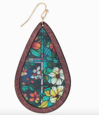 Rainbow Stained Glass Print Wood Earrings