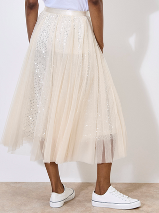 Sequin Tulle Layer Midi Skirt