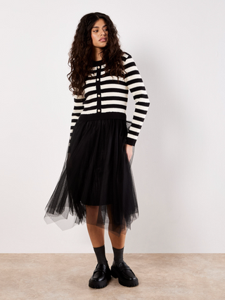 Striped Faux Cardigan Tulle Skirt Dress