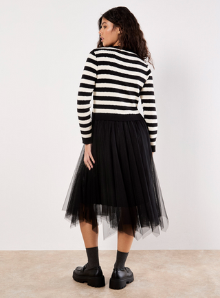 Striped Faux Cardigan Tulle Skirt Dress
