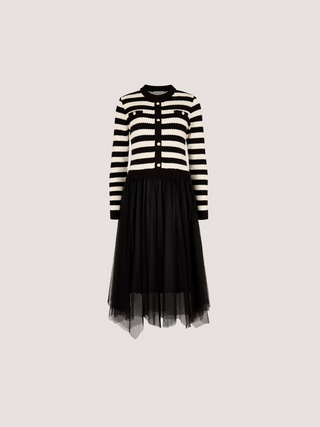 Striped Faux Cardigan Tulle Skirt Dress