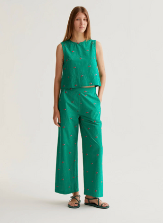 Cherry Embroidered High-Waisted Trousers