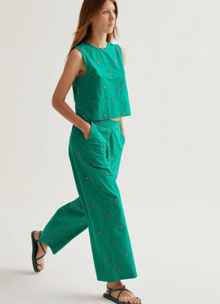 Cherry Embroidered High-Waisted Trousers
