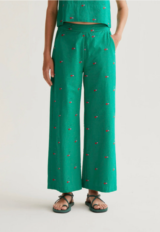 Cherry Embroidered High-Waisted Trousers
