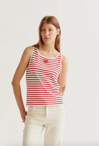 Embroidered Strawberry Striped Knit Tank Top