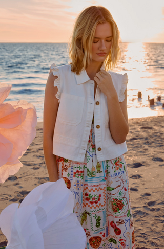 Ruffle Cap Sleeve Crop Twill Vest