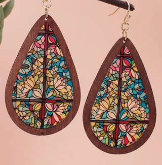 Rainbow Stained Glass Print Wood Earrings