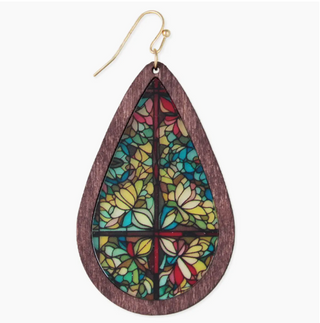 Rainbow Stained Glass Print Wood Earrings