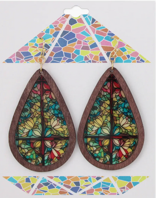 Rainbow Stained Glass Print Wood Earrings