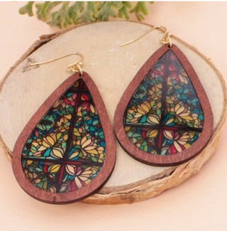 Rainbow Stained Glass Print Wood Earrings