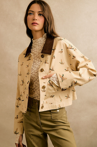Mallard Duck Print Cropped Barn Jacket