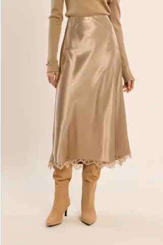Lace Trim Satin Midi Skirt