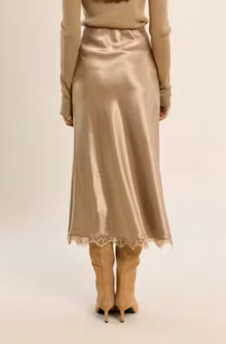 Lace Trim Satin Midi Skirt