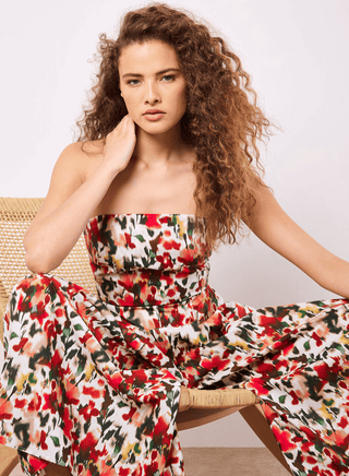 Bandeau Tie Back Ikat Floral Print Palazzo Jumpsuit - Sincerely Betty