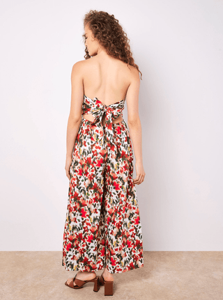 Bandeau Tie Back Ikat Floral Print Palazzo Jumpsuit - Sincerely Betty
