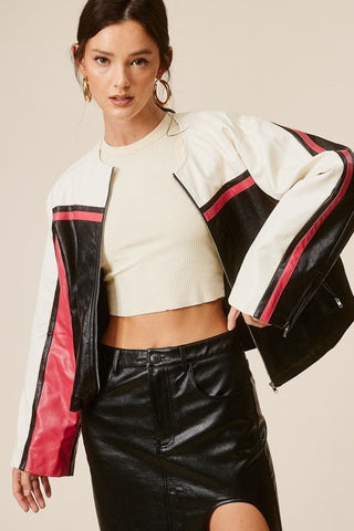 Barcelona Faux Leather Stripe Racer Moto Jacket - Sincerely Betty