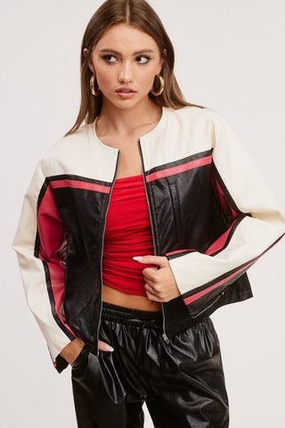 Barcelona Faux Leather Stripe Racer Moto Jacket - Sincerely Betty