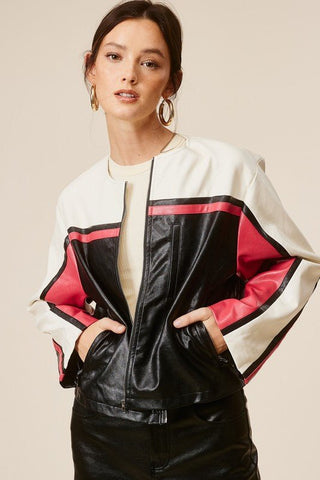 Barcelona Faux Leather Stripe Racer Moto Jacket - Sincerely Betty