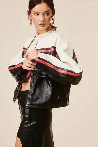 Barcelona Faux Leather Stripe Racer Moto Jacket - Sincerely Betty