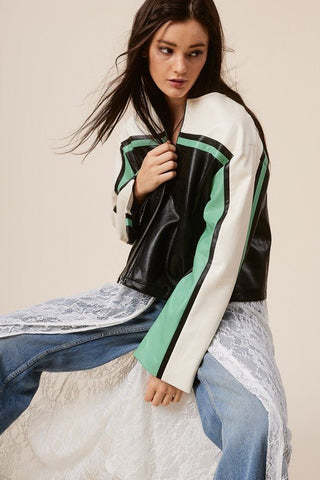 Barcelona Faux Leather Stripe Racer Moto Jacket - Sincerely Betty