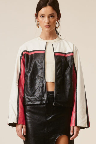 Barcelona Faux Leather Stripe Racer Moto Jacket - Sincerely Betty