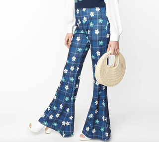 Blue Plaid Floral Flare Pants - FINAL SALE - Sincerely Betty