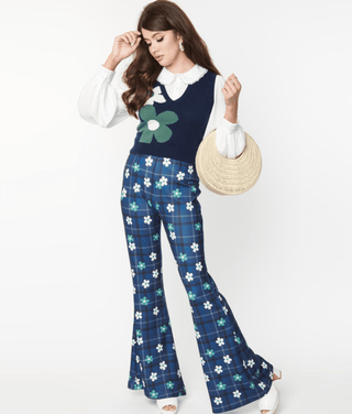 Blue Plaid Floral Flare Pants - FINAL SALE - Sincerely Betty