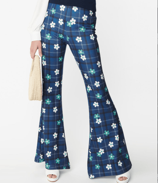 Blue Plaid Floral Flare Pants - FINAL SALE - Sincerely Betty