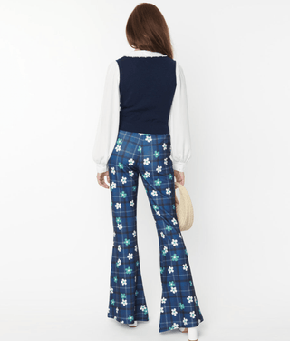 Blue Plaid Floral Flare Pants - FINAL SALE - Sincerely Betty