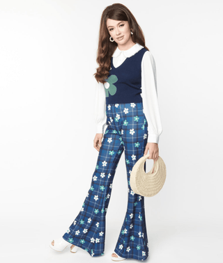 Blue Plaid Floral Flare Pants - FINAL SALE - Sincerely Betty