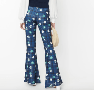 Blue Plaid Floral Flare Pants - FINAL SALE - Sincerely Betty