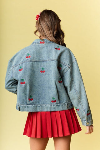 Cherry Embroidered Denim Jacket - Sincerely Betty